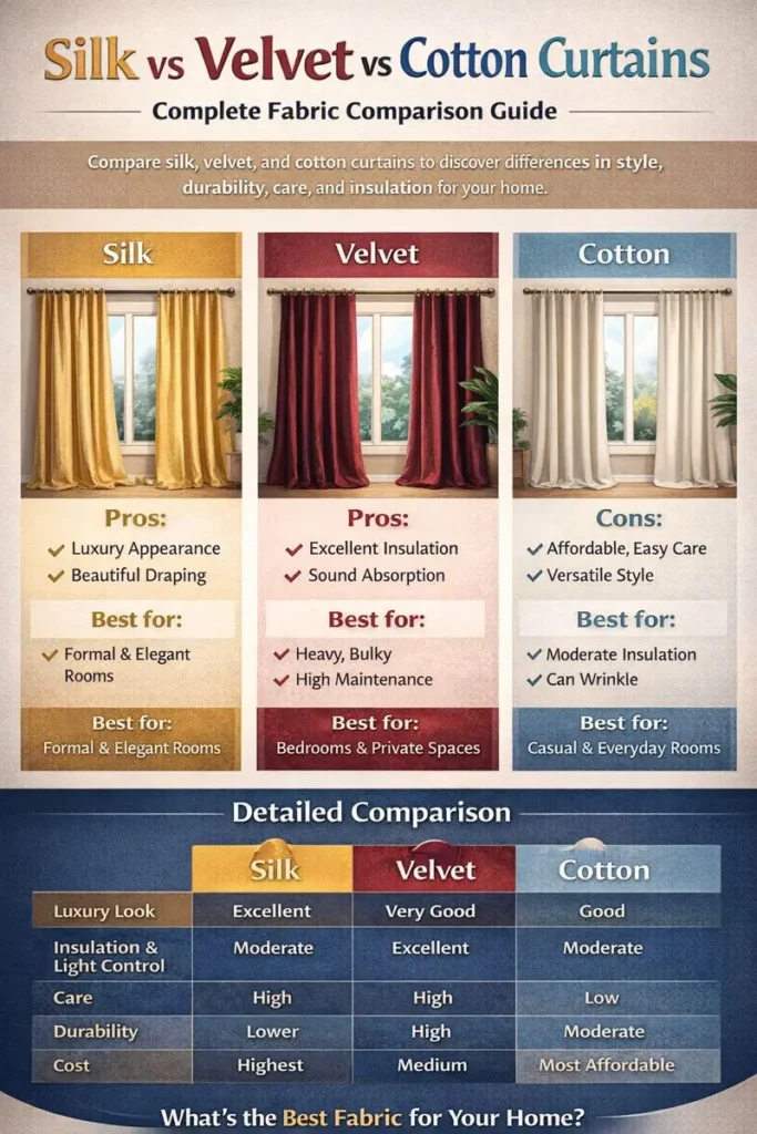 Silk vs Velvet vs Cotton Curtains: Complete Fabric Comparison Guide Silk vs Velvet vs Cotton